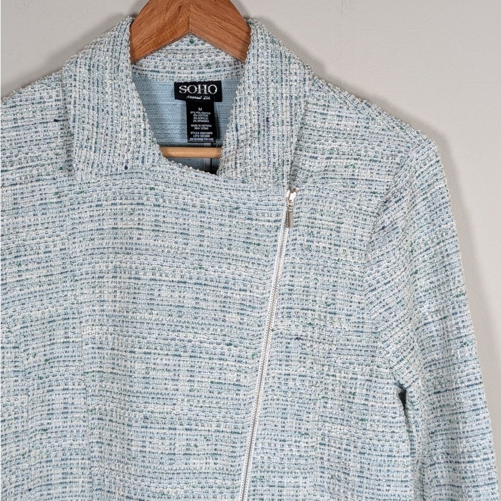 SOHO Apparel Ltd Womens Blue White Tweed Moto Jacket Asymmetric Zip Size M NWT